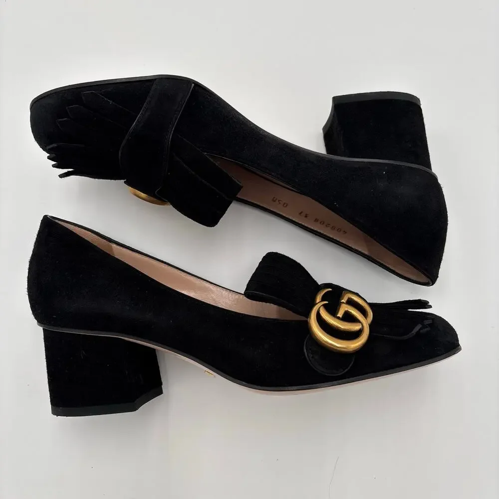 Gucci Marmont GG Fringe Kiltie Block Mid Heel Loafer Pumps Black Suede Size 37 - Picture 10 of 15